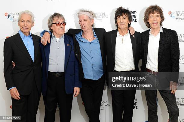 Charlie Watts, Bill Wyman, Keith Richards, Ronnie Wood and Mick Jagger of The Rolling Stones attends the premiere of 'Crossfire Hurricane' during the...