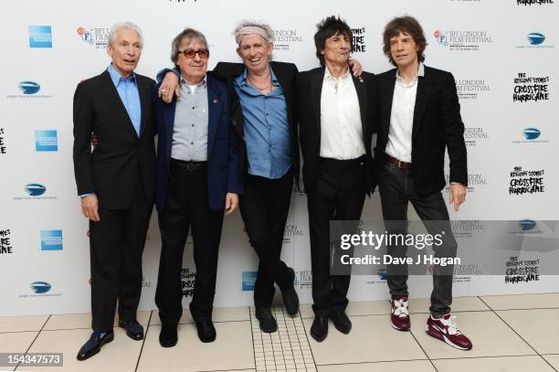 Charlie Watts, Bill Wyman, Keith Richards, Ronnie Wood and Mick Jagger of The Rolling Stones attends the premiere of 'Crossfire Hurricane' during the...