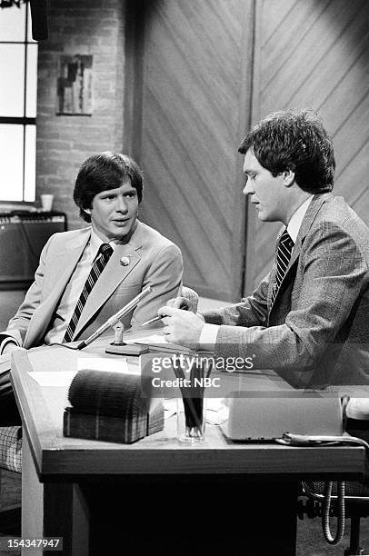 Episode 36 -- Pictured: President Jimmy Carter's son James "Chip" Carter, host David Letterman on August 11, 1980 --
