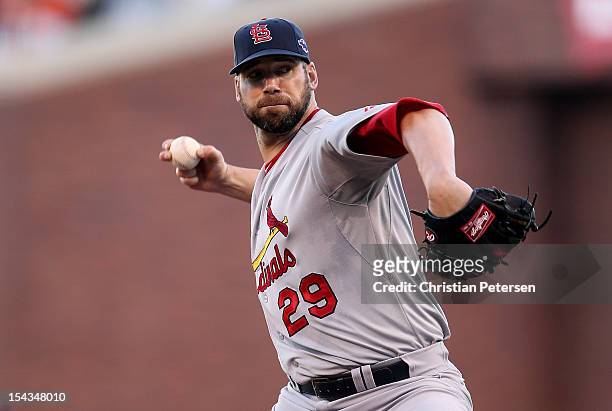 Chris Carpenter of the St. Louis Cardinals pitches during Game Two of the National League Championship Series against the San Francisco Giants at...