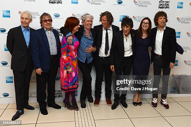 Charlie Watts, Bill Wyman, Keith Richards, Brett Morgen, Ronnie Wood, Victoria Pearman and Mick Jagger attend the premiere of 'Crossfire Hurricane'...