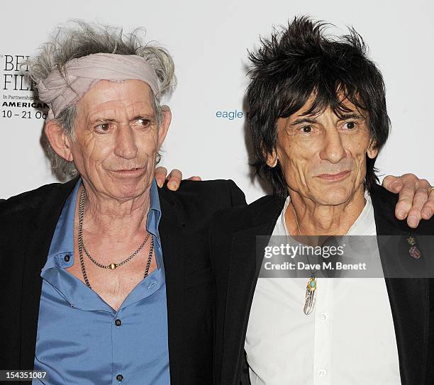 Keith Richards and Ronnie Wood attend the Gala Premiere of 'Crossfire Hurricane' during the 56th BFI London Film Festival at Odeon Leicester Square...