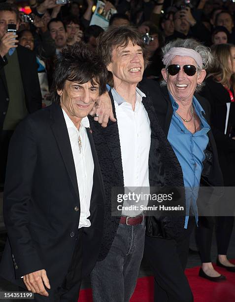 Ronnie Wood, Mick Jagger and Keith Richards of The Rolling Stones attend the Premiere of 'Crossfire Hurricane' during the 56th BFI London Film...