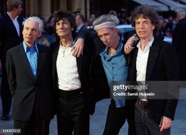 Charlie Watts, Ronnie Wood, Keith Richards and Mick Jagger of The Rolling Stones attend the Premiere of 'Crossfire Hurricane' during the 56th BFI...