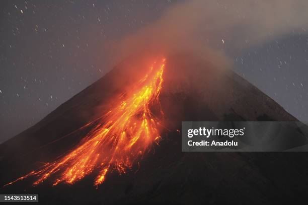 Mount Merapi a volcanic mountain spews lava as it erupts several times in Sleman district of Yogyakarta, Indonesia on July 20, 2023. Mount Merapi,...