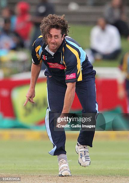 Ryan Sidebottom of Yorkshire Carnegie bowls during the Karbonn Smart CLT20 match between Mumbai Indians and Yorkshire at Sahara Park Newlands on...