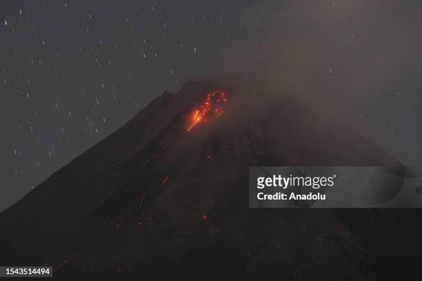 Mount Merapi a volcanic mountain spews lava as it erupts several times in Sleman district of Yogyakarta, Indonesia on July 20, 2023. Mount Merapi,...