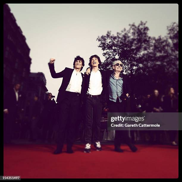 Ronnie Wood, Mick Jagger and Keith Richards attend the Premiere of 'Crossfire Hurricane' during the 56th BFI London Film Festival at Odeon Leicester...