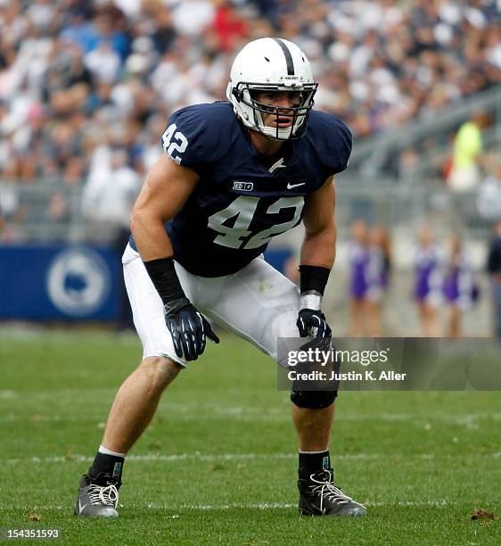 Michael Mauti of the Penn State Nittany Lions lines up against the Northwestern Wildcats during the game on October 6, 2012 at Beaver Stadium in...