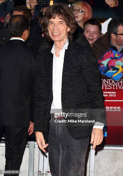 Mick Jagger attends the Premiere of 'Crossfire Hurricane' during the 56th BFI London Film Festival at Odeon Leicester Square on October 18, 2012 in...