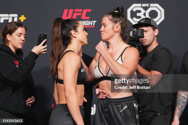 Norma Dumont of Brazil and Chelsea Chandler face off during the UFC Fight Night weigh-in at UFC APEX on July 14, 2023 in Las Vegas, Nevada.