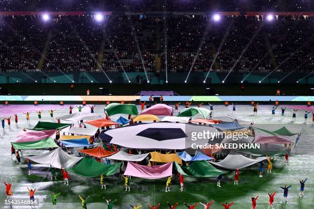 The official logo of the Australia and New Zealand 2023 Women's World Cup is displayed during the opening ceremony of the tournament ahead of the...
