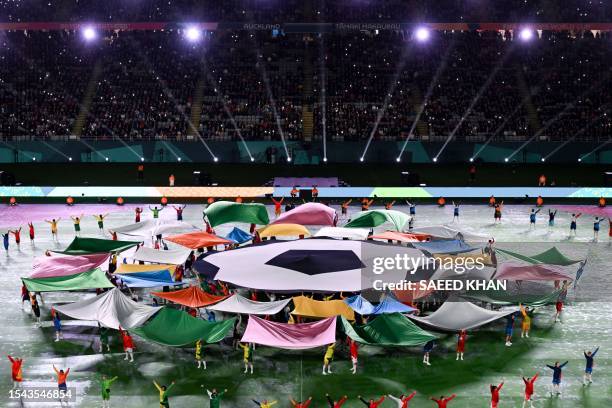 The official logo of the Australia and New Zealand 2023 Women's World Cup is displayed during the opening ceremony of the tournament ahead of the...