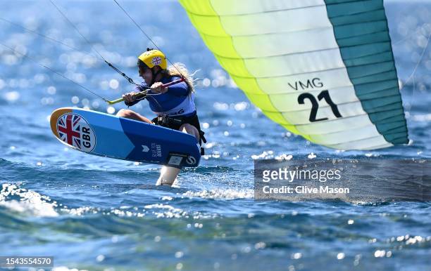 Eleanor Aldridge of Great Britain competes in the Womens Kite Final race during Day Six of the Paris 2024 Sailing Test Event at Marseille Marina at...