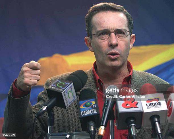 Colombian presidential candidate Alvaro Uribe Velez speaks May 19, 2002 as he winds up his campaign in Bogota, Colombia. Uribe is currently the...
