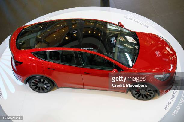The Tesla Inc. Model Y electric vehicle during the launch in Kuala Lumpur, Malaysia, on Thursday, July 20, 2023. Tesla Inc. Unveiled its mid-sized...