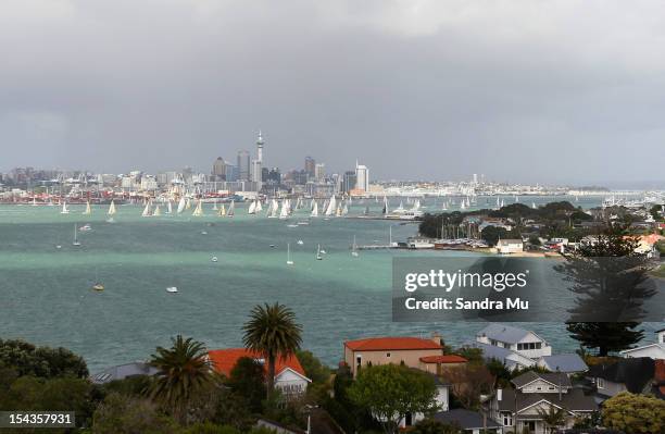 Boats enter the Hauraki Gulf as they start the Coastal Classic on October 19, 2012 in Auckland, New Zealand.