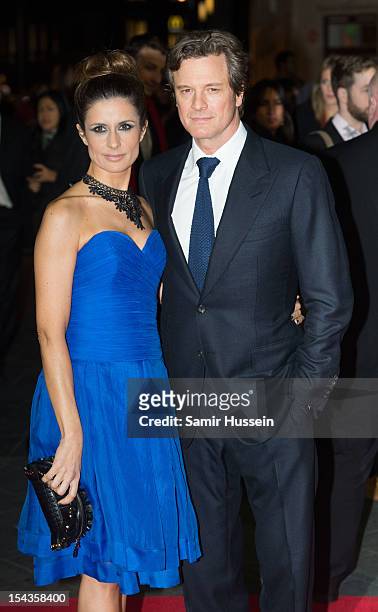 Livia Giuggiol and Colin Firth attend the Premiere of 'Crossfire Hurricane' during the 56th BFI London Film Festival at Odeon Leicester Square on...