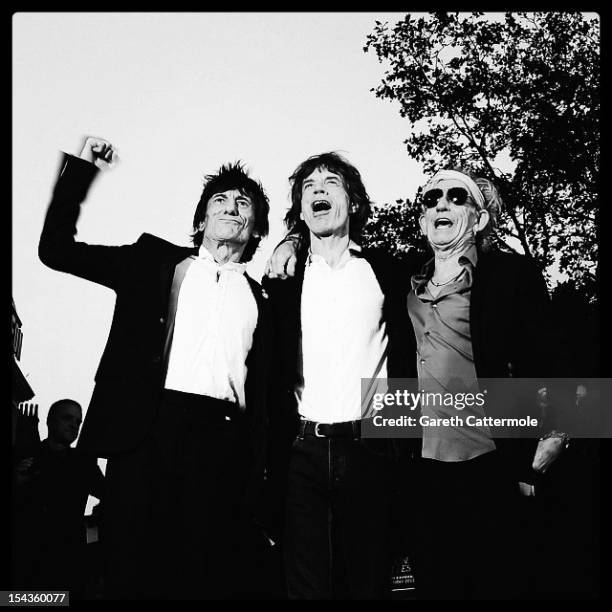 Musicians Ronnie Wood, Mick Jagger and Keith Richards attend the Premiere of 'Crossfire Hurricane' during the 56th BFI London Film Festival at Odeon...