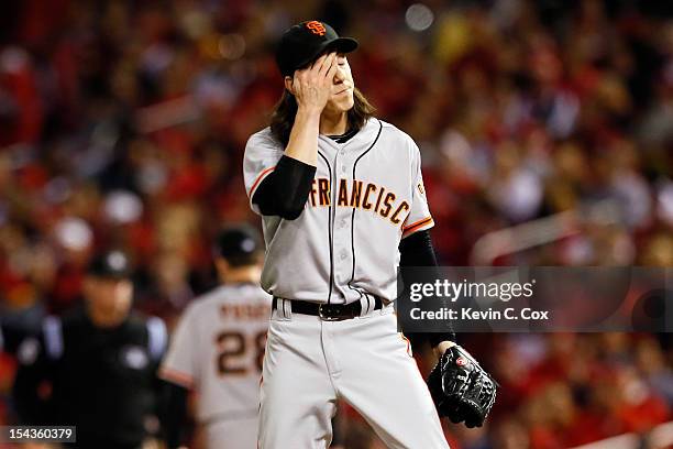 Tim Lincecum of the San Francisco Giants reacts in the first inning while taking on the St. Louis Cardinals in Game Four of the National League...