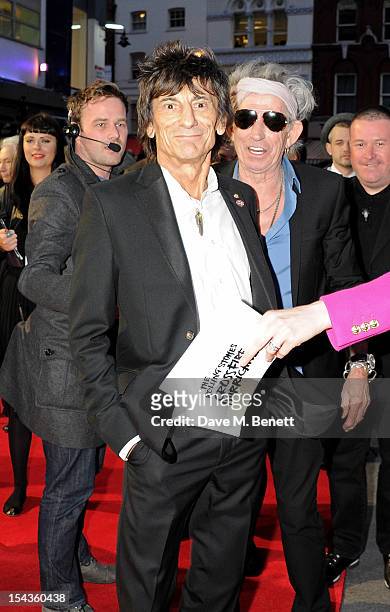 Ronnie Wood and Keith Richards attend the Gala Premiere of 'Crossfire Hurricane' during the 56th BFI London Film Festival at Odeon Leicester Square...