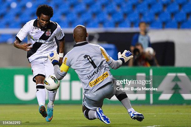 Goalkeeper Jefferson of Botafogo and Carlos Alberto of Vasco in action during a match between Botafogo and Vasco as part of the Brazilian...