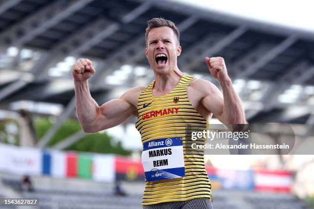 Markus Rehm of Germany celebrates during the Men's Long Jump T64 Final during day seven of the Para Athletics World Championships Paris 2023 at Stade...