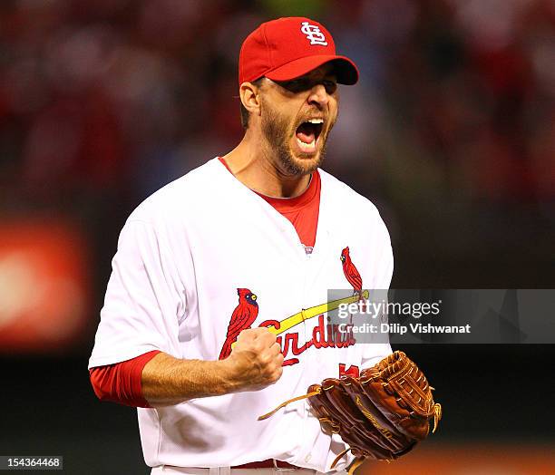 Pitcher Adam Wainwright of the St. Louis Cardinals reacts after the end of the sixth inning against the San Francisco Giants in Game Four of the...