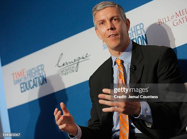 Secretary of Education Arne Duncan speaks during the "All Hands on Deck: Perspectives from Higher Education, Government, Philanthropy and Business"...