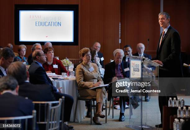 Secretary of Education Arne Duncan speaks prior to the "All Hands on Deck: Perspectives from Higher Education, Government, Philanthropy and Business"...
