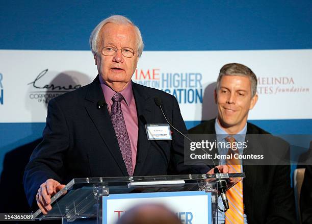 Journalist Bill Moyers moderates the "All Hands on Deck: Perspectives from Higher Education, Government, Philanthropy and Business" panal during the...