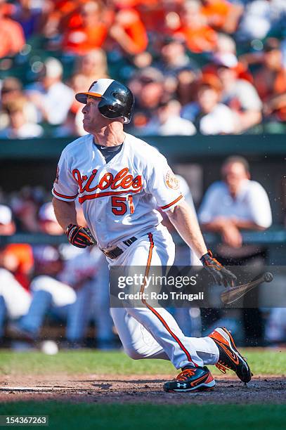Lew Ford of the Baltimore Orioles bats during the game against the Tampa Bay Rays at Oriole Park at Camden Yards on September 13, 2012 in Baltimore,...