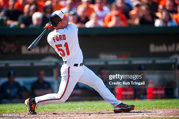 Lew Ford of the Baltimore Orioles bats during the game against the Tampa Bay Rays at Oriole Park at Camden Yards on September 13, 2012 in Baltimore,...