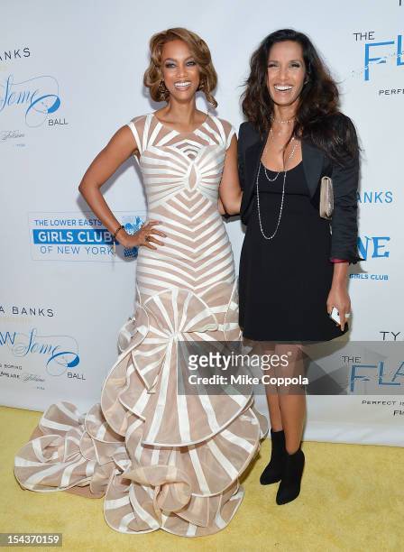 Models and television personalities Tyra Banks and Padma Lakshmi attend The Flawsome Ball For The Tyra Banks TZONE at Capitale on October 18, 2012 in...