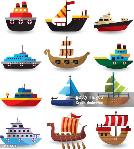 stockillustraties, clipart, cartoons en iconen met set of boat - oorlogsschip