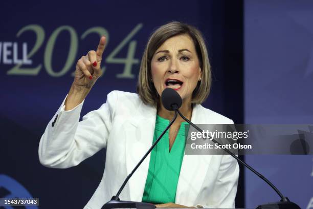 Iowa Governor Kim Reynolds speaks to guests before signing into law a bill that will ban most abortions after around six weeks of pregnancy during a...