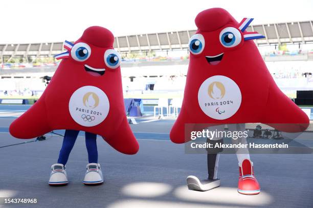 The Paris 2024 Mascots is seen during day seven of the Para Athletics World Championships Paris 2023 at Stade Charlety on July 14, 2023 in Paris,...