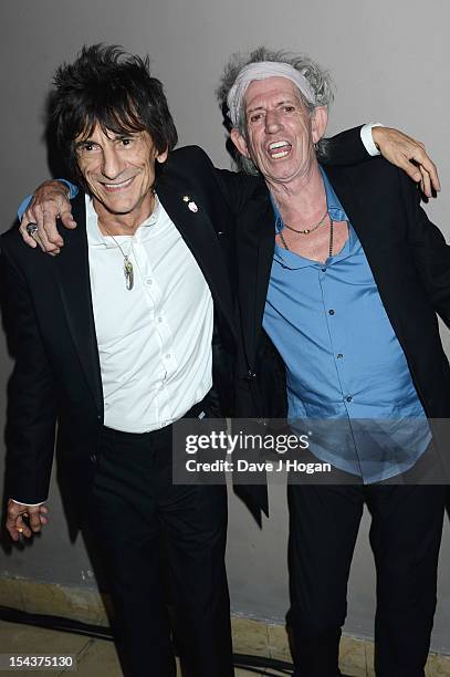 Ronnie Wood and Keith Richards of The Rolling Stones attends the premiere afterparty of 'Crossfire Hurricane' during the 56th BFI London Film...