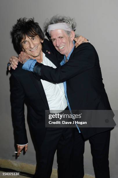 Ronnie Wood and Keith Richards of The Rolling Stones attends the premiere afterparty of 'Crossfire Hurricane' during the 56th BFI London Film...