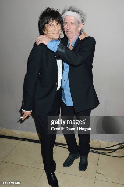 Ronnie Wood and Keith Richards of The Rolling Stones attends the premiere afterparty of 'Crossfire Hurricane' during the 56th BFI London Film...