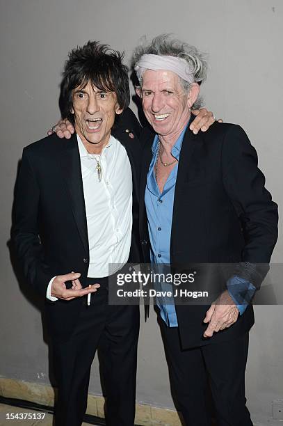 Ronnie Wood and Keith Richards of The Rolling Stones attends the premiere afterparty of 'Crossfire Hurricane' during the 56th BFI London Film...