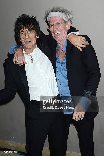 Ronnie Wood and Keith Richards of The Rolling Stones attends the premiere afterparty of 'Crossfire Hurricane' during the 56th BFI London Film...