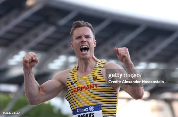 Markus Rehm of Germany celebrates during the Men's Long Jump T64 Final during day seven of the Para Athletics World Championships Paris 2023 at Stade...