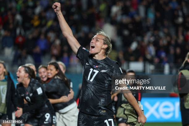 New Zealand's forward Hannah Wilkinson celebrates after her team won the Australia and New Zealand 2023 Women's World Cup Group A football match...