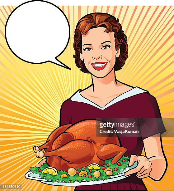 retro style woman holding roasted turkey - funny turkey images stock illustrations