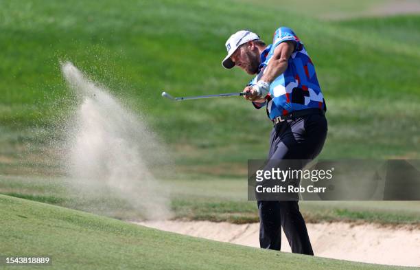 Daniel Brown of England plays a shot from a bunker on the seventh hole during the second round of the Barbasol Championship at Keene Trace Golf Club...