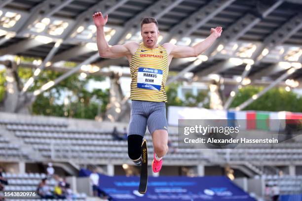 Markus Rehm of Germany competes in the Men's Long Jump T64 Final during day seven of the Para Athletics World Championships Paris 2023 at Stade...