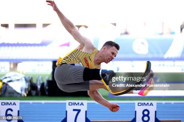 Markus Rehm of Germany competes in the Men's Long Jump T64 Final during day seven of the Para Athletics World Championships Paris 2023 at Stade...