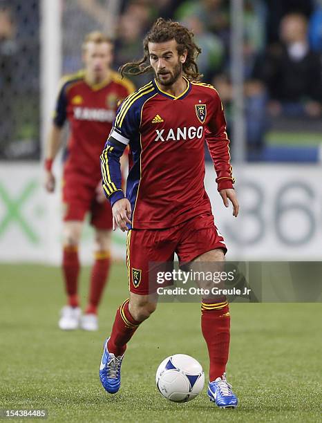 Kyle Beckerman of Real Salt Lake dribbles against the Seattle Sounders FC at CenturyLink Field on October 17, 2012 in Seattle, Washington.