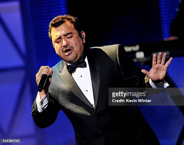 Singer Tony Melendez of Conjunto Primavera performs at the Billboard Mexican Music Awards presented by State Farm on October 18, 2012 in Los Angeles,...